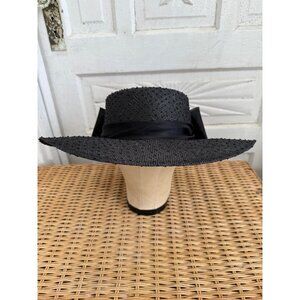 Vintage 60s Wide Brim Black Classic Womens Straw Hat Big Bow Miss Bierner 21"